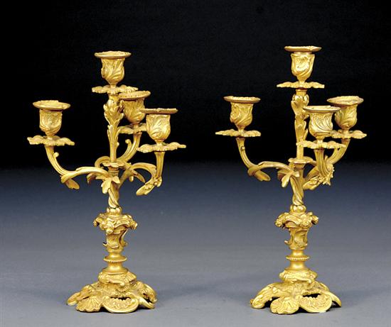 Appraisal: Pair Louis XV style gilt bronze four-light candelabra acanthus-form bobeches