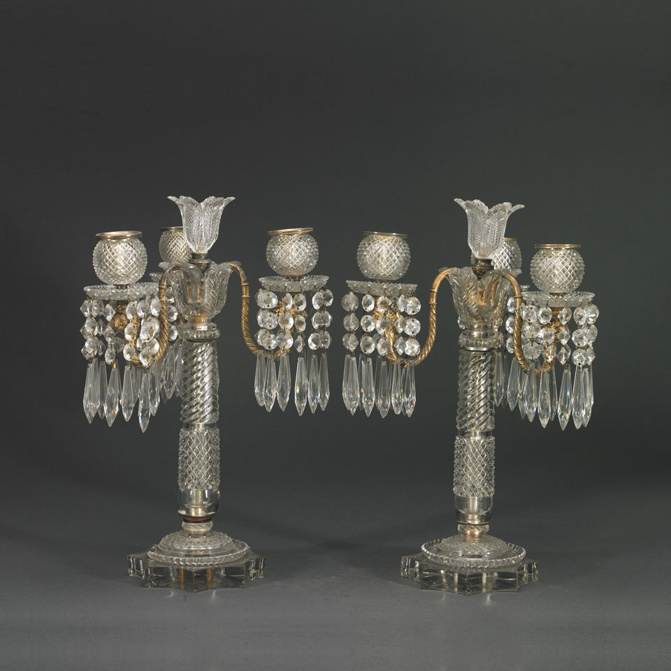 Appraisal: Pair of French Silvered Metal and Cut Glass Three-Light Candelabra