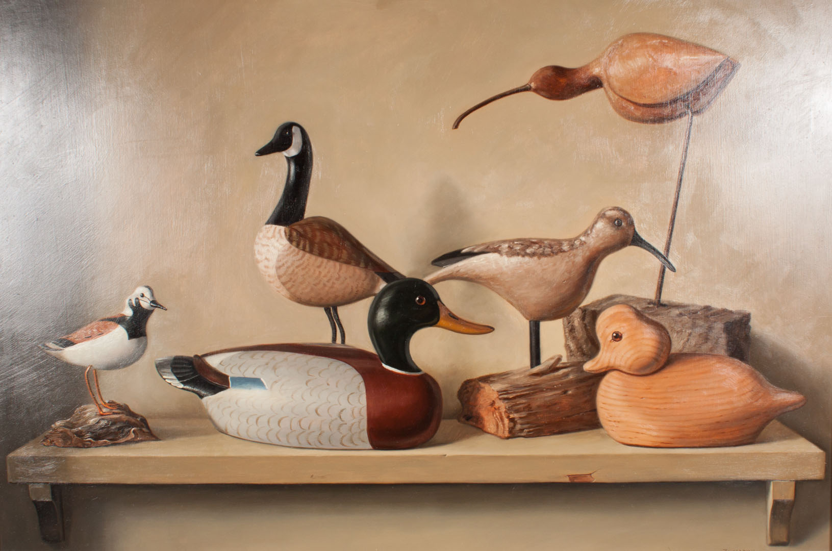 Appraisal: David Zuccarini Duck Decoys oil on masonite American b Signed