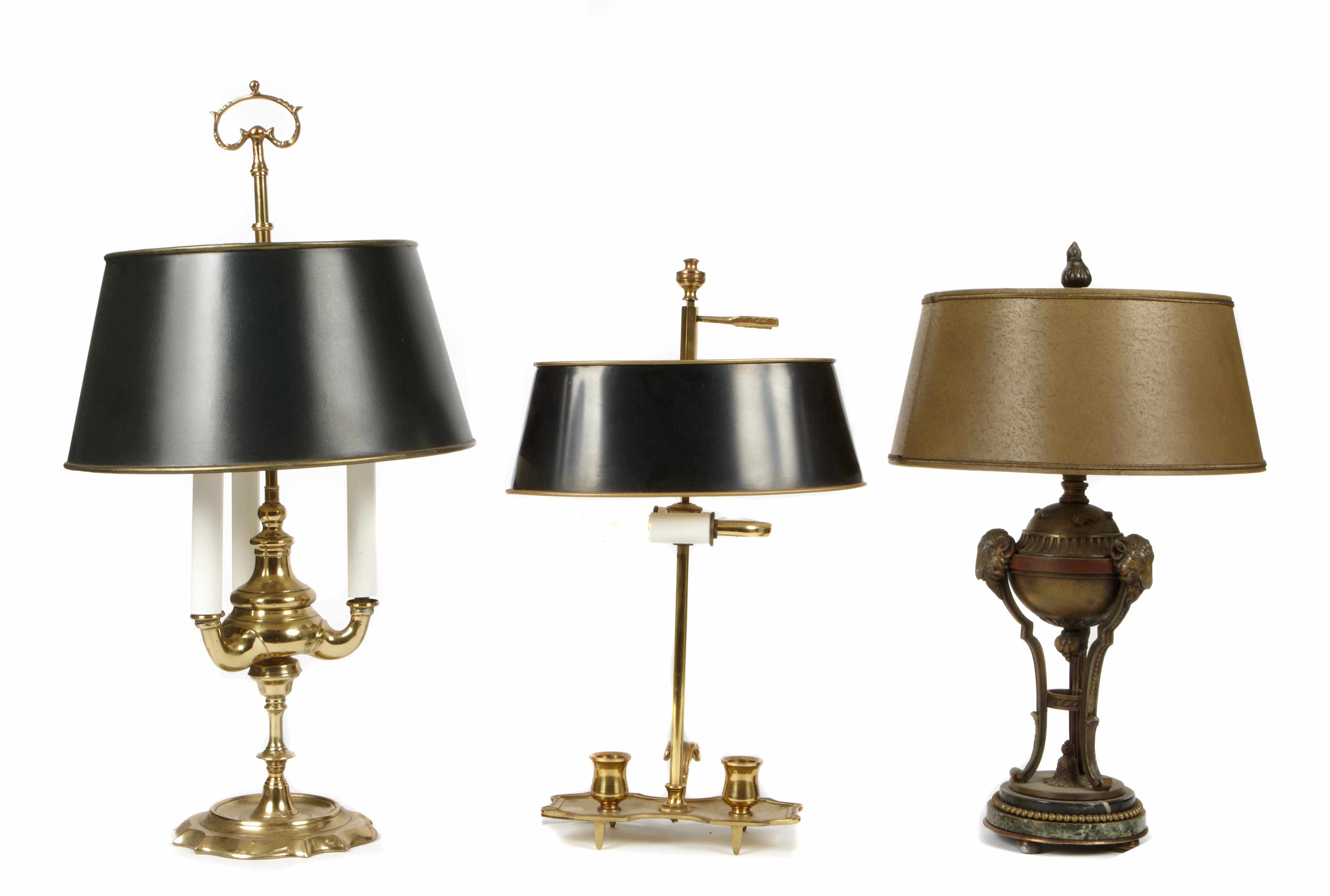 Appraisal: A group of three table lamps Comprising two brass bouillotte