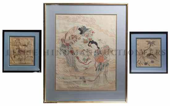 Appraisal: A Group of Three Embroidered Panels the first depicting two