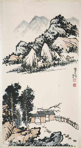 Appraisal: Chinese School th c Mountainous Landscape with Huts and Fence