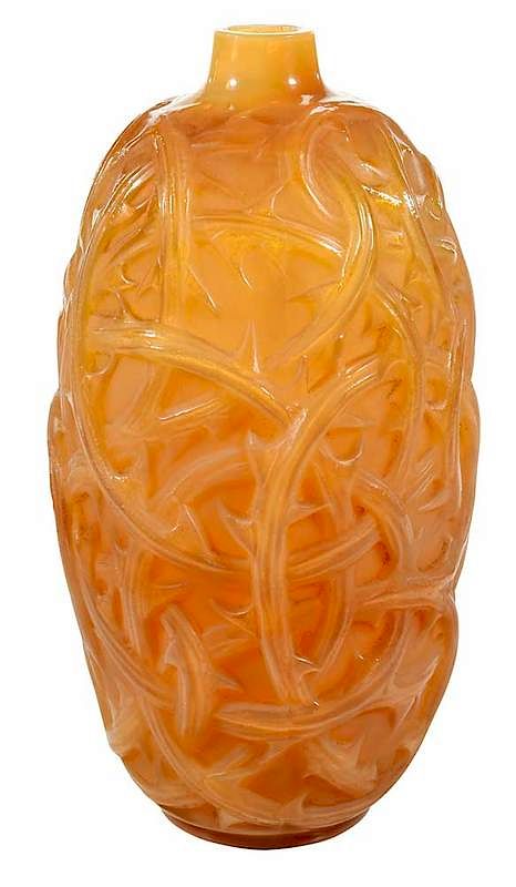 Appraisal: R Lalique Ronces Butterscotch Glass Vase molded signature R LALIQUE