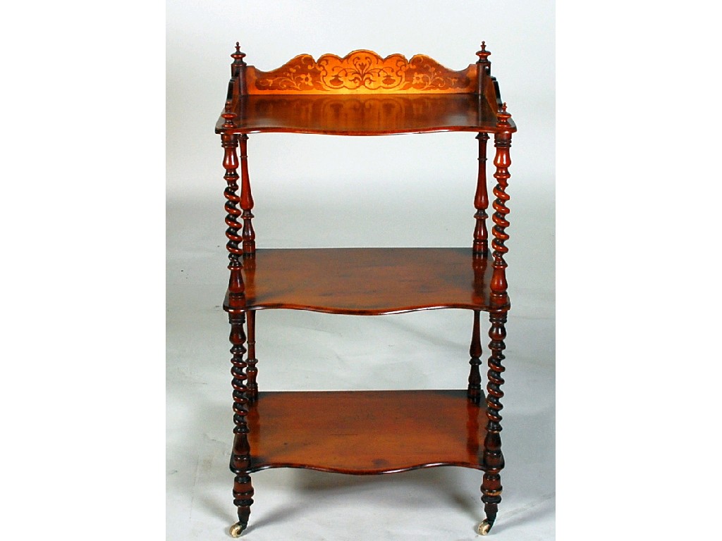 Appraisal: VICTORIAN WALNUTWOOD AND FLORAL INLAID THREE TIER WHAT-NOT serpentine fronted