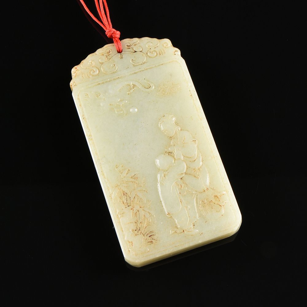 Appraisal: A QING DYNASTY CELADON JADE FIGURAL POEM PLAQUE PENDANT CHINESE