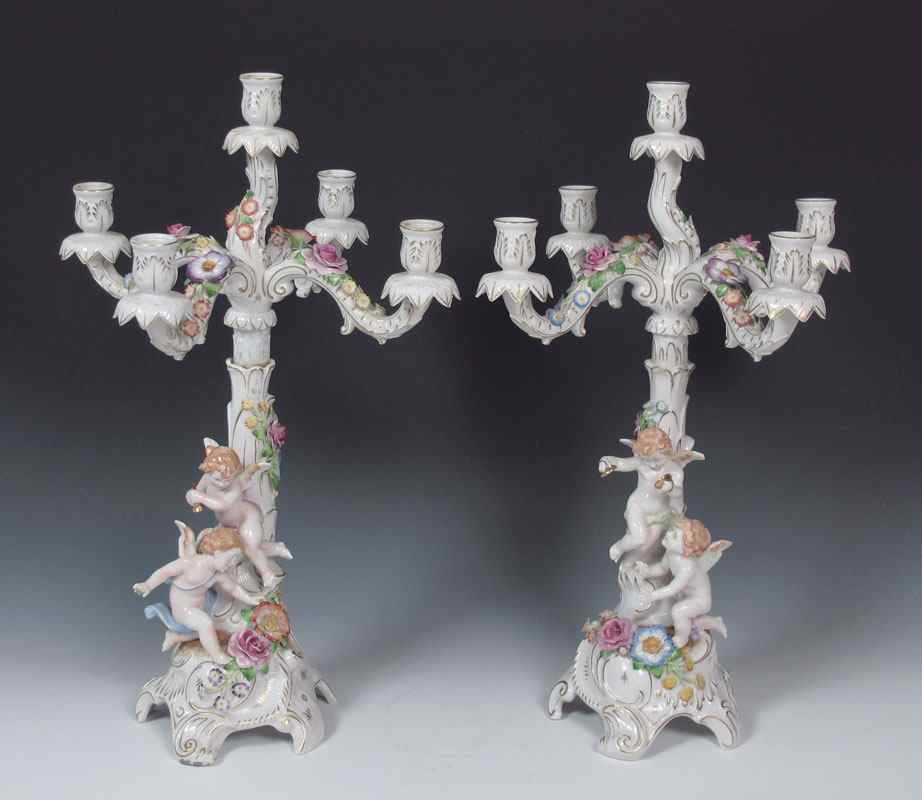 Appraisal: VON SCHIERHOLZ GERMAN PORCELAIN FIGURAL CANDELABRA Five light candle holders