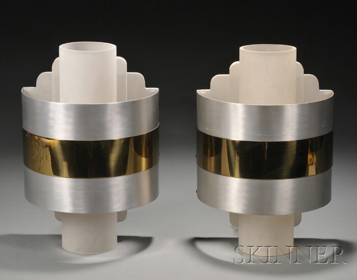 Appraisal: Pair of Modernist Wall Sconces Brushed aluminum brass and frosted