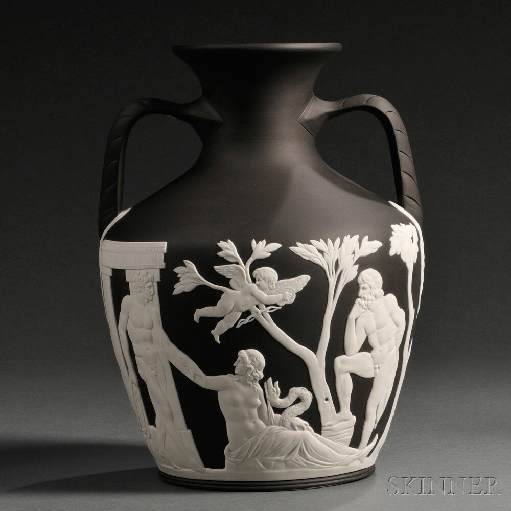 Appraisal: Modern Wedgwood Solid Black Jasper Portland Vase England applied white