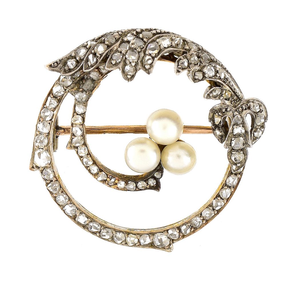 Appraisal: Russian Diamond K Gold and Pearl Brooch Russian Rose Cut