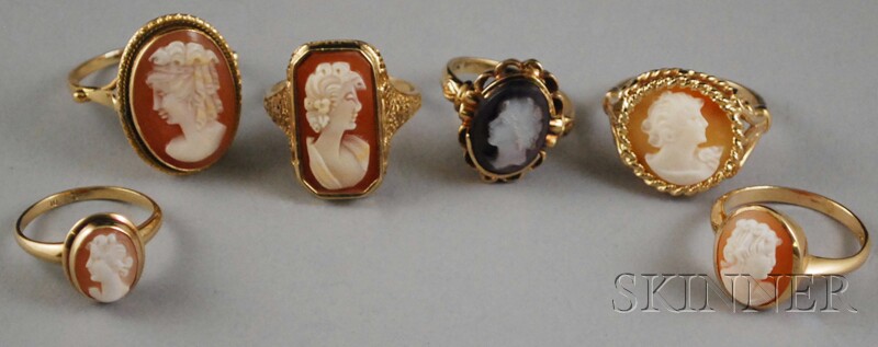 Appraisal: Six Gold Carved Cameo Rings two kt and four kt