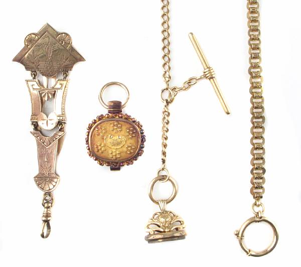 Appraisal: A collection of four gold and gold-filled pocketwatch chains and