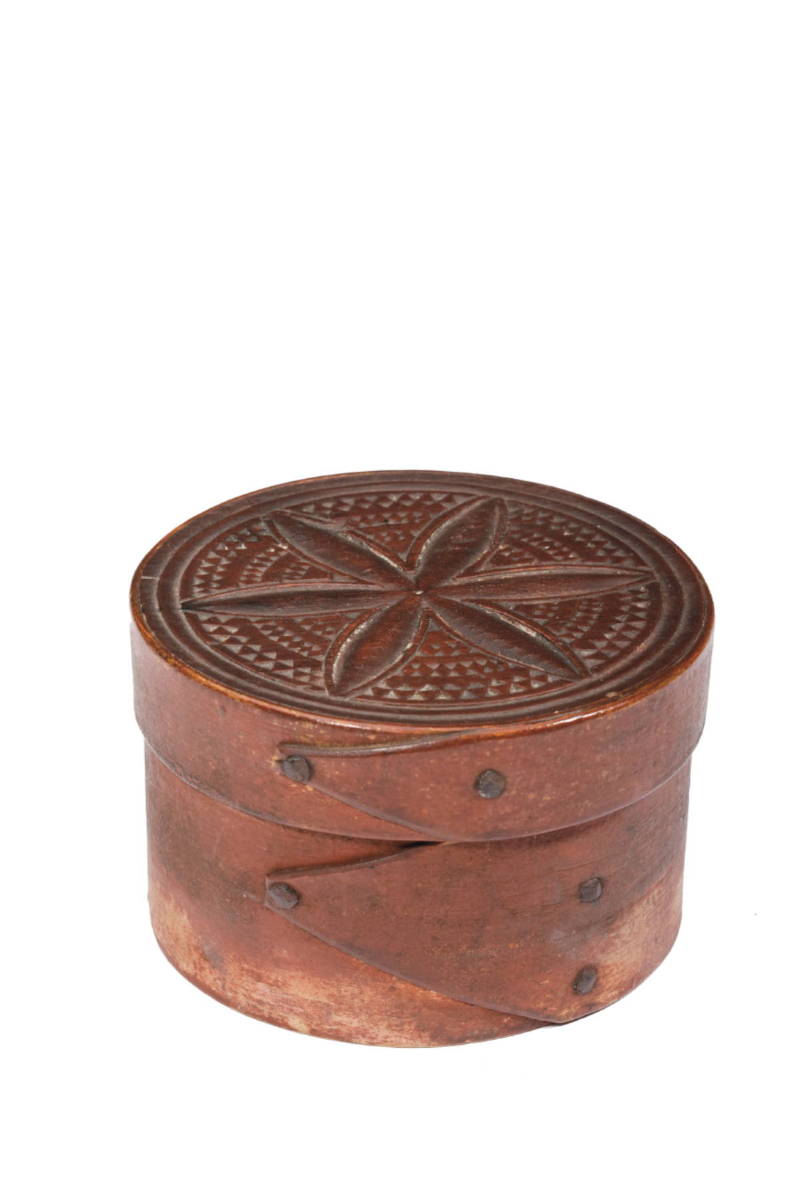 Appraisal: AMERICAN CHIP-CARVED AND RED-STAINED PANTRY BOX NINETEENTH CENTURY The cover