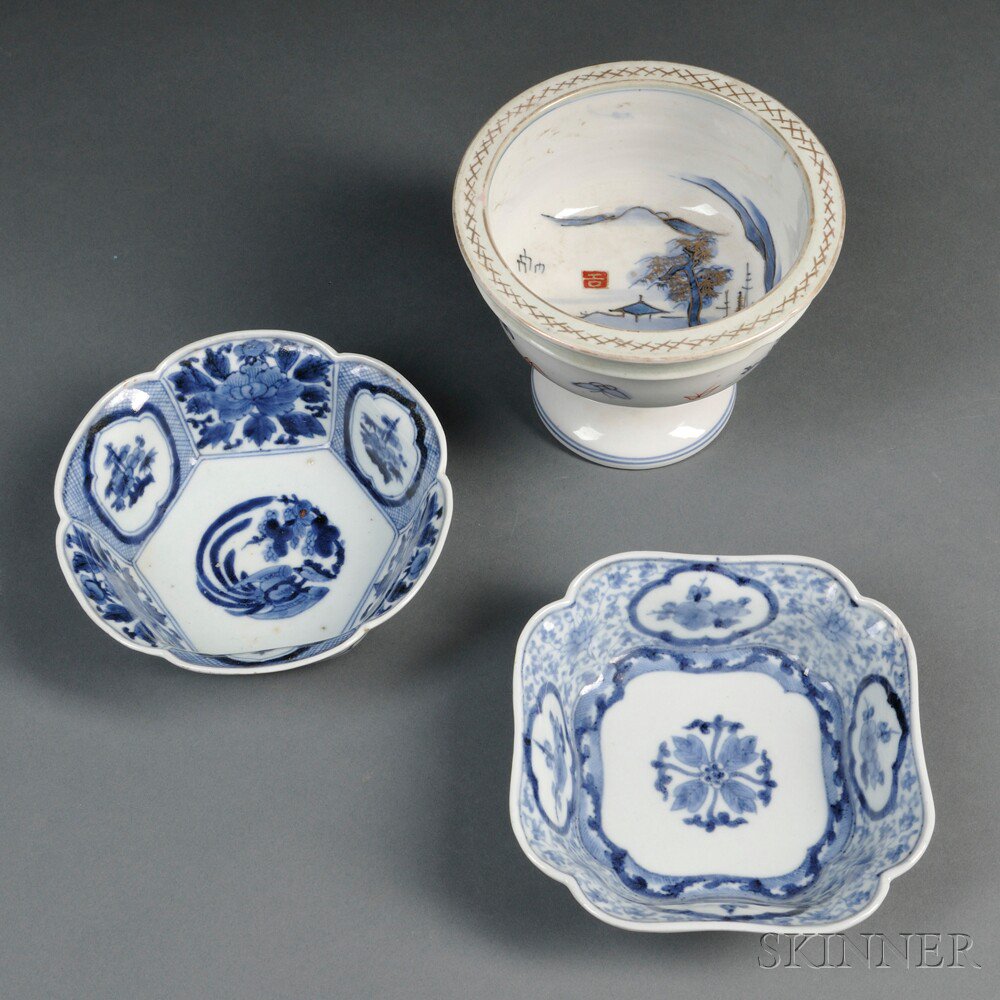 Appraisal: Three Blue and White Bowls with Floral Decoration China th