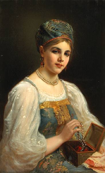 Appraisal: After Konstantin Egorovich Makovsky A young woman holding a jewelery