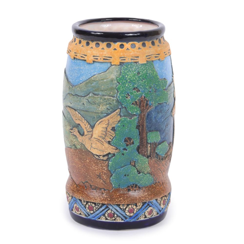 Appraisal: LARGE AMPHORA VESSEL WITH HAND-PAINTED WOODLAND SCENE WOLF BIRD IN