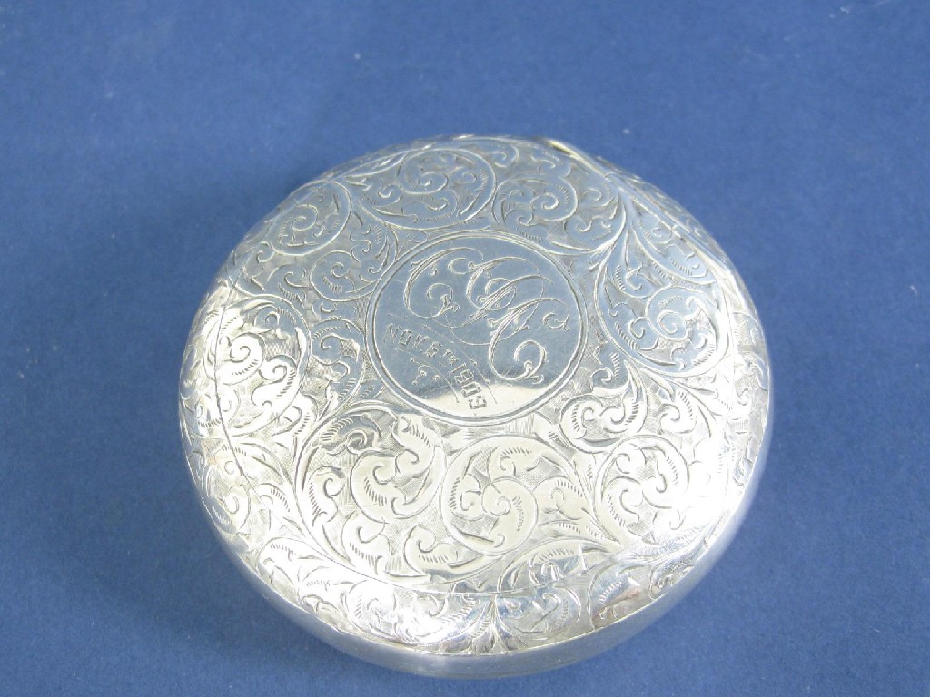 Appraisal: An Edward VII circular Tobacco Box with floral scroll engraving