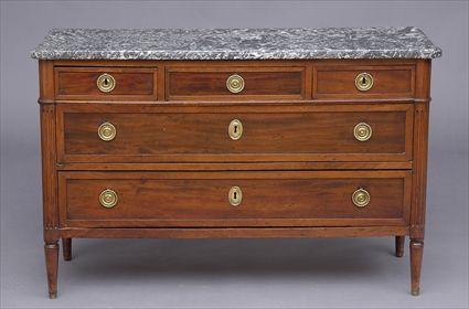 Appraisal: LOUIS XVI MAHOGANY MARBLE TOP COMMODE Grey mottled top above