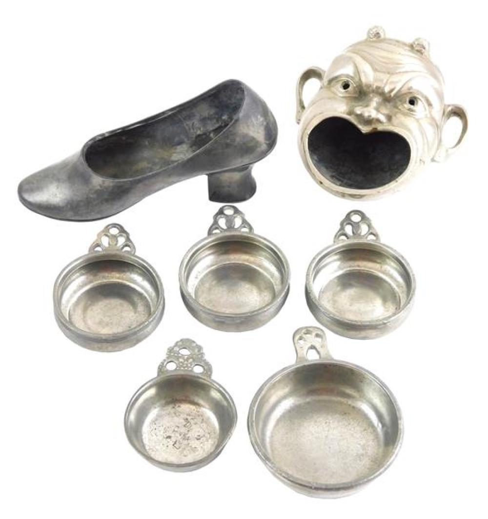 Appraisal: Seven th C metalwear pieces including five mini pewter porringer