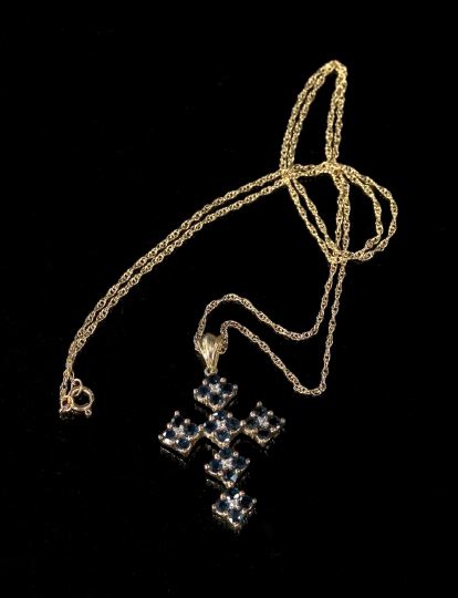 Appraisal: Fourteen-Karat Yellow Gold Sapphire and Diamond Pendant Cross Necklace composed