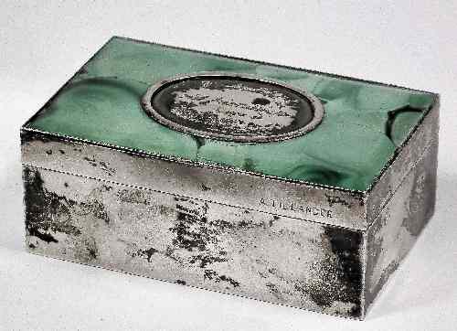 Appraisal: A Finnish silvery metal and malachite rectangular box ins x