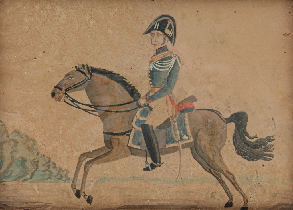 Appraisal: AMERICAN FOLKSY PAINTING OF A CAVALRYMAN Ca - s watercolor