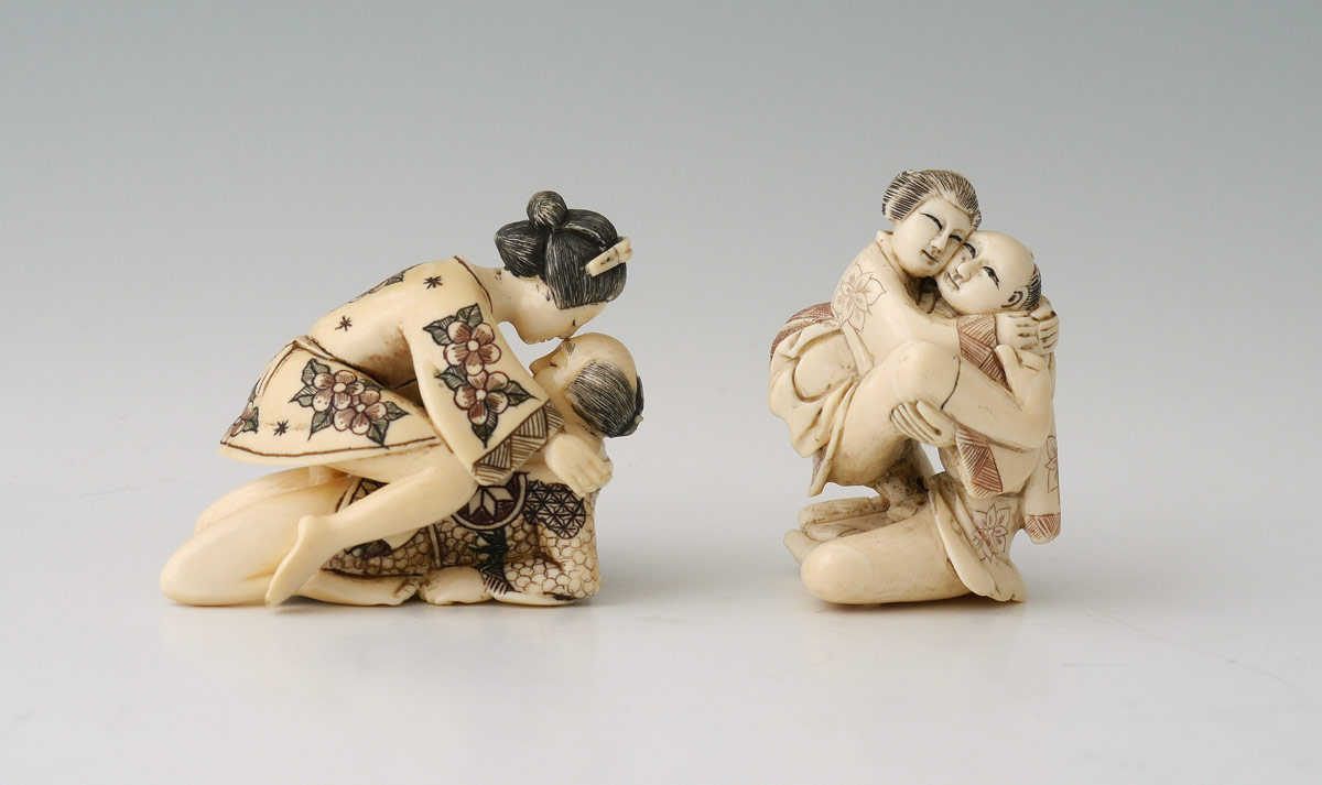 Appraisal: CARVED IVORY OKIMONO EROTIC FIGURAL GROUPS th century to include