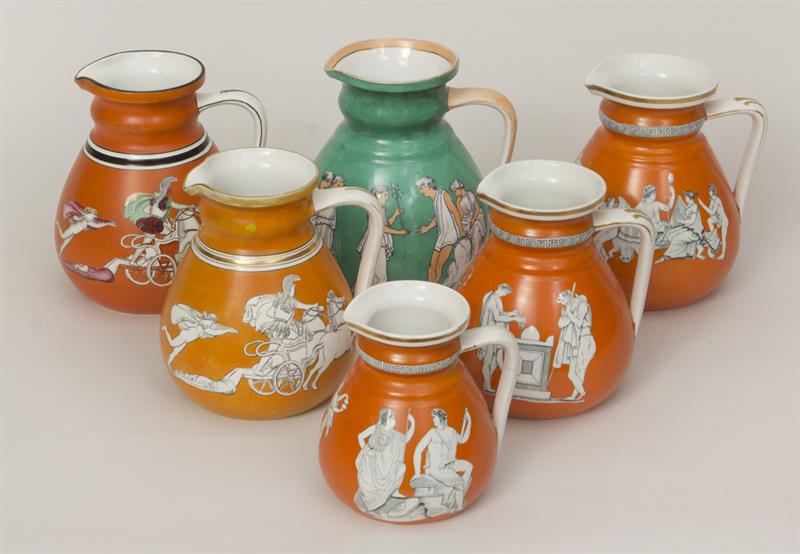 Appraisal: Two Ashworth Orange Ground Pottery Jugs Combat Between Hector Ajax