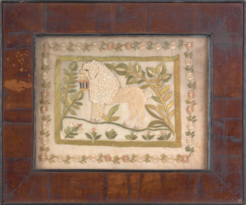 Appraisal: Silk on linen needlework th c depicting a spaniel clutching