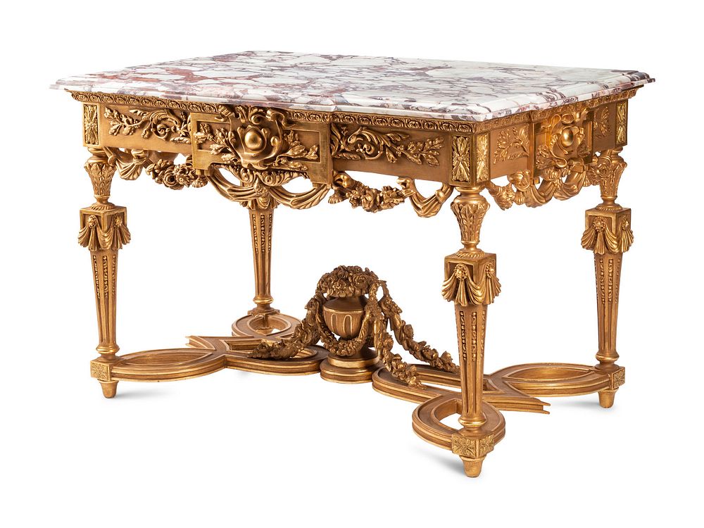 Appraisal: A Louis XVI Style Giltwood Marble-Top Center Table A Louis