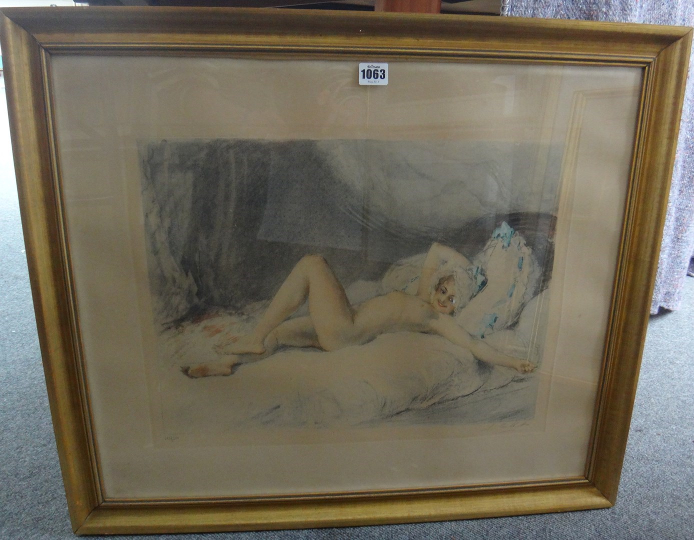 Appraisal: Antoine Calbet - Reclining nude colour etching signed and numbered