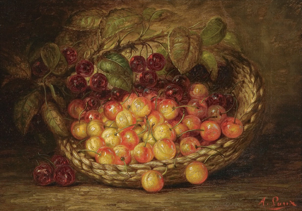 Appraisal: LAUX AUGUST American - Cherries in a Basket oil on