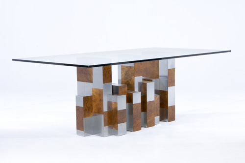 Appraisal: PAUL EVANS Cityscape burl and chrome patchwork dining table with