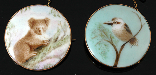 Appraisal: Two Australian ceramic brooches The two hand painted circular ceramic