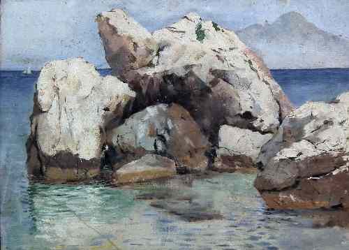 Appraisal: th Century School - Oil painting - Rocks at sea