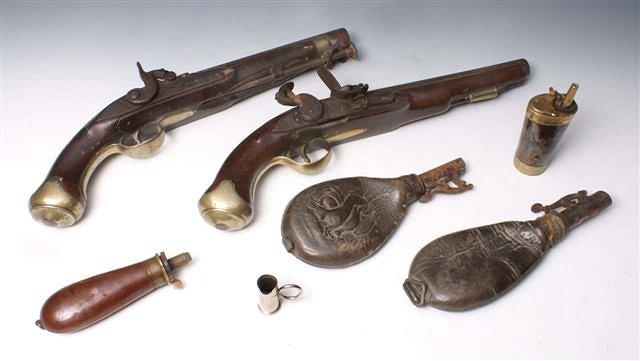 Appraisal: A GEORGIAN MAHOGANY AND BRASS MOUNTED FLINT LOCK PISTOL inscribed