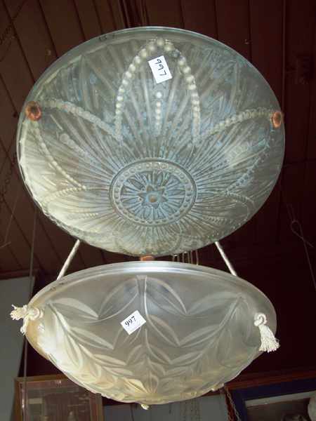 Appraisal: A FRENCH ART DECO FROSTED GLASS SHADE WITH SILK TIES