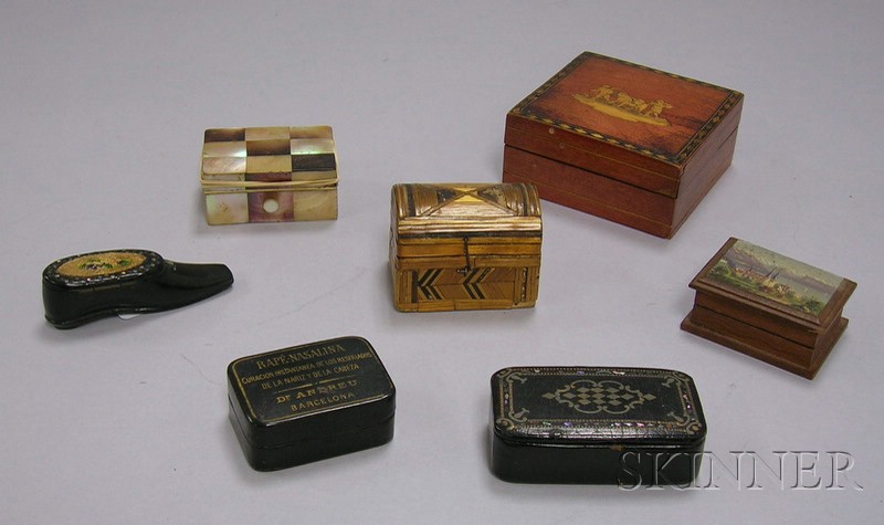 Appraisal: Seven Assorted Small Boxes a shoe-form snuff box two lacquered