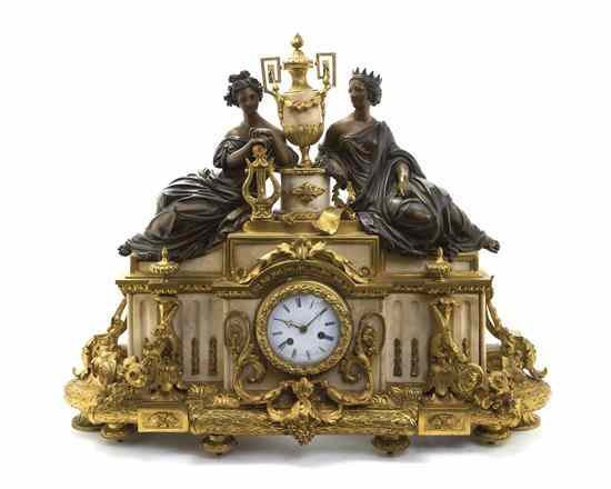 Appraisal: A French Gilt and Patinated Bronze Figural Mantel Clock having