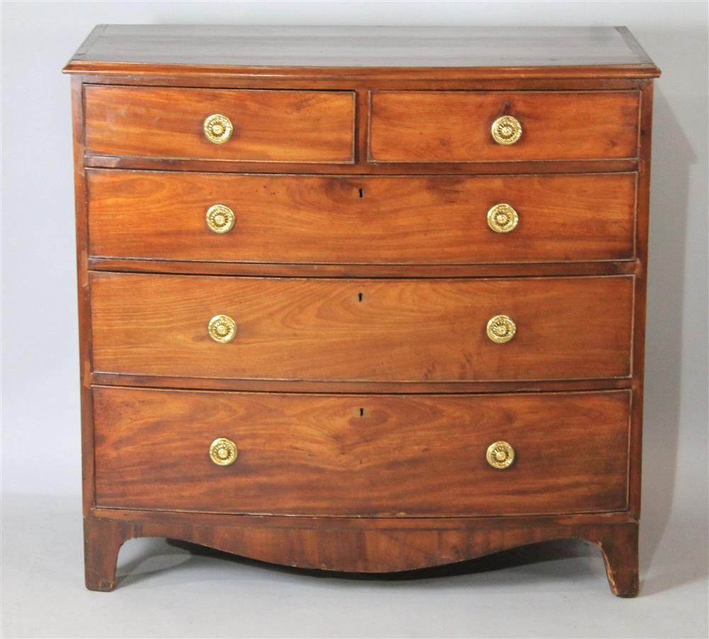 Appraisal: GEORGIAN MAHOGANY BOW FRONT CHEST OF DRAWERS having a rectangular