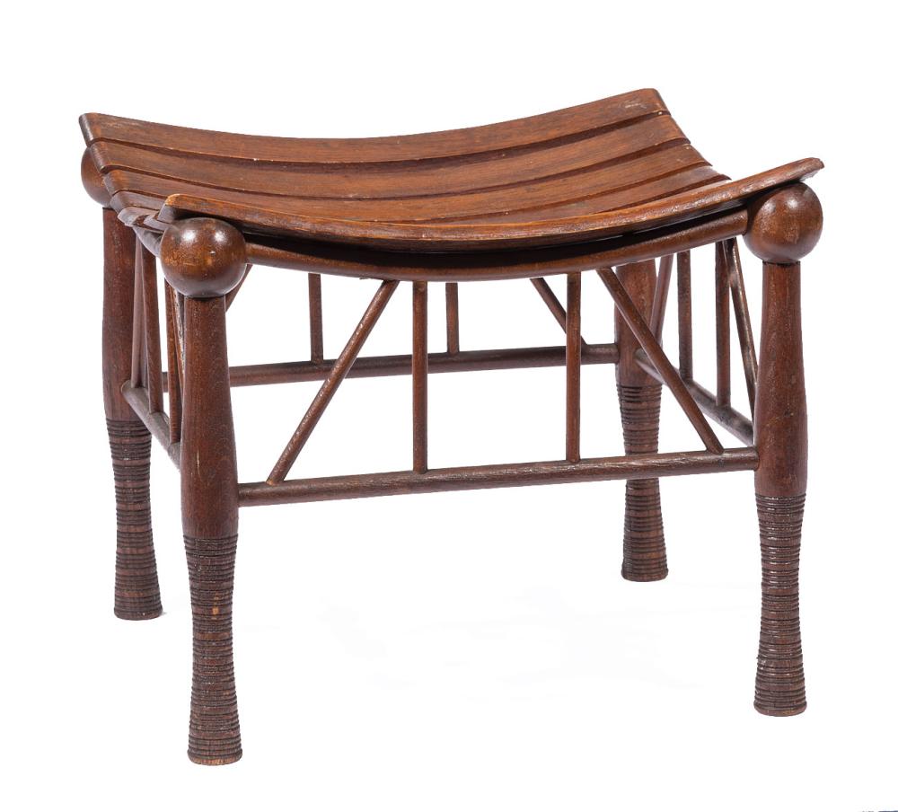 Appraisal: English Oak Thebes Stool concave slatted seat spherule corners spindled