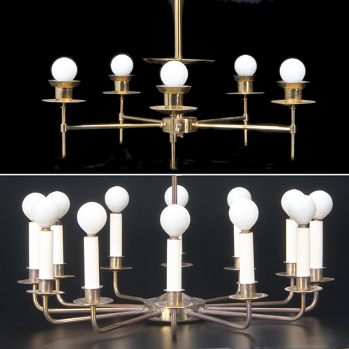 Appraisal: TOMMI PARZINGER Attr LIGHTOLIER Two brass chandeliers one with twelve