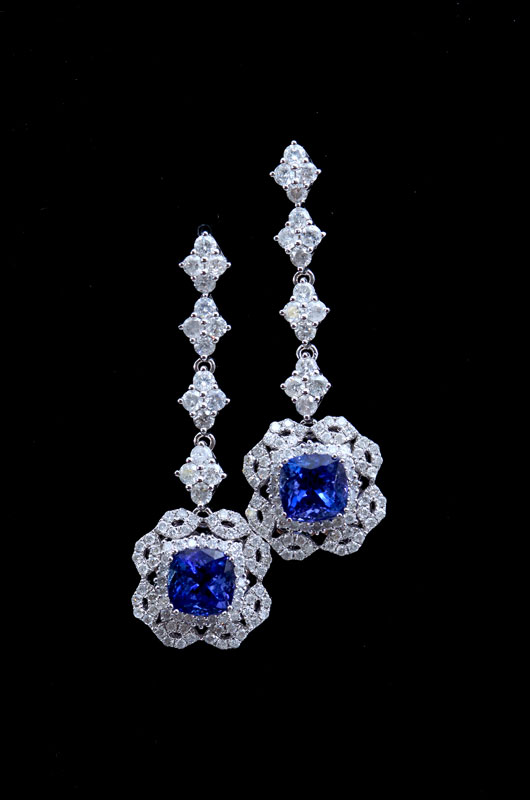 Appraisal: DAZZLING K TANZANITE AND DIAMOND DANGLE EARRINGS prong set square