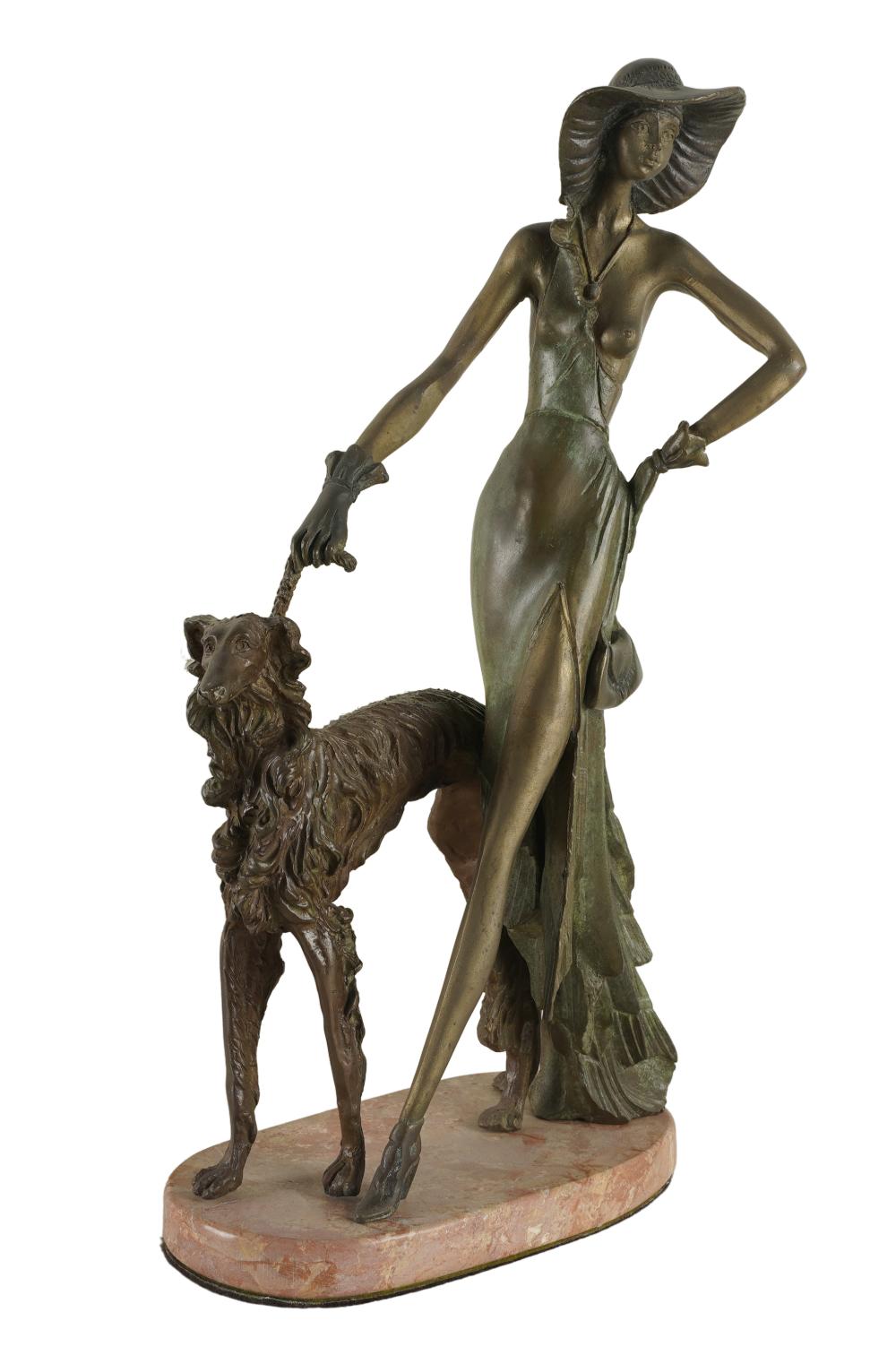 Appraisal: AFTER DIMITRI CHIPARUS WOMAN WITH DOGpatinated bronze signed D Chiparus