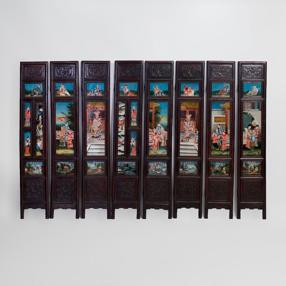 Appraisal: Chinese Carved Hardwood and Reverse Painted Glass Eight Panel Screen