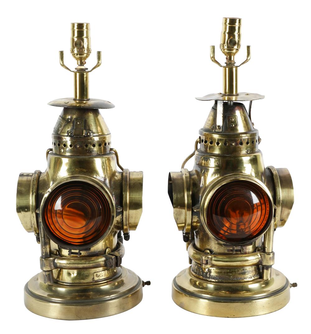 Appraisal: PAIR BRASS-PLATE COLORED GLASS SHIP'S LANTERNSeach with plaque Adams and