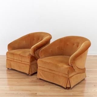 Appraisal: Pair James Mont orange velvet club chairs Pair James Mont