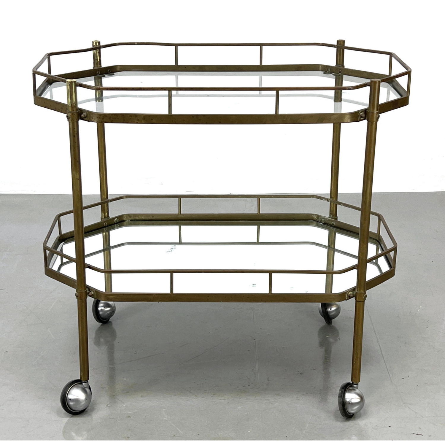 Appraisal: Decorator Mid Century Brass Rolling Serving Bar Cart Two Tiers