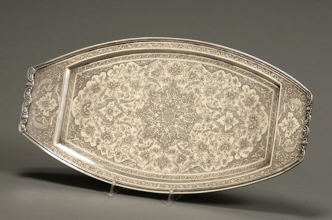 Appraisal: Middle Eastern Silver Tray Persian th Century The navette-form tray