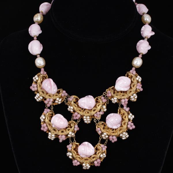 Appraisal: Miriam Haskell Pink Venetian Glass Floral Beaded Bib Necklace