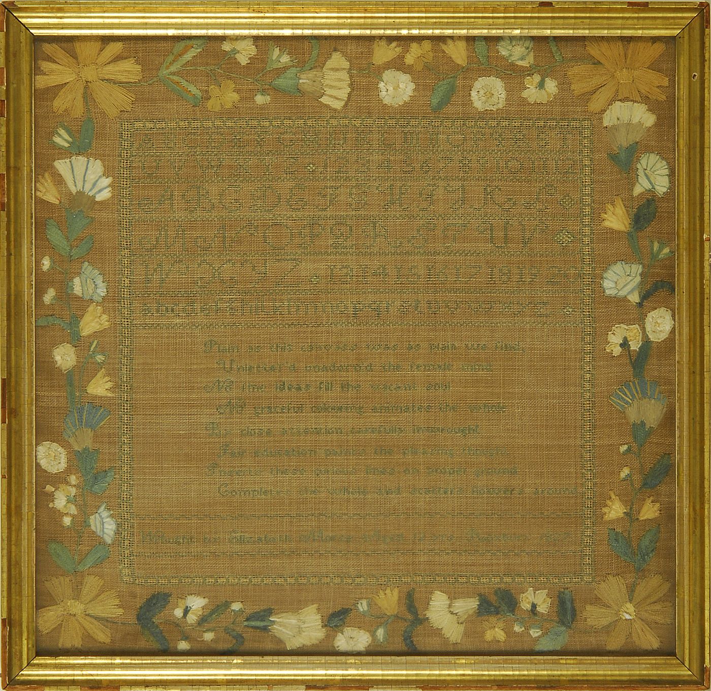 Appraisal: FRAMED NEEDLEPOINT SAMPLER American th CenturyWrought by Elizabeth Moses Age